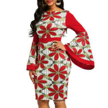 Large O-neck Flare Sleeve Slim Red Floral Printed African Pencil Dress